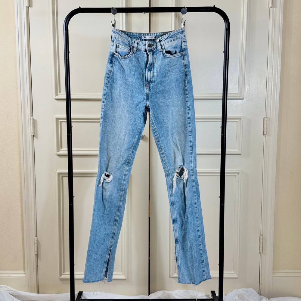 Zara Distressed Hi-Rise Straight Leg Jeans Women's 4 Blue Denim Slit Hem Acid - Picture 8 of 13